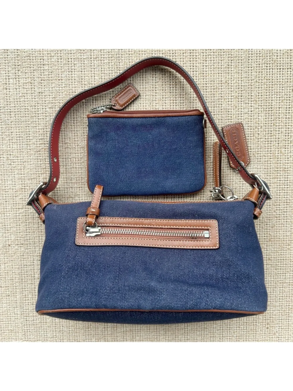 Coach Navy Canvas Shoulder Bag with Red and Pink Stripes